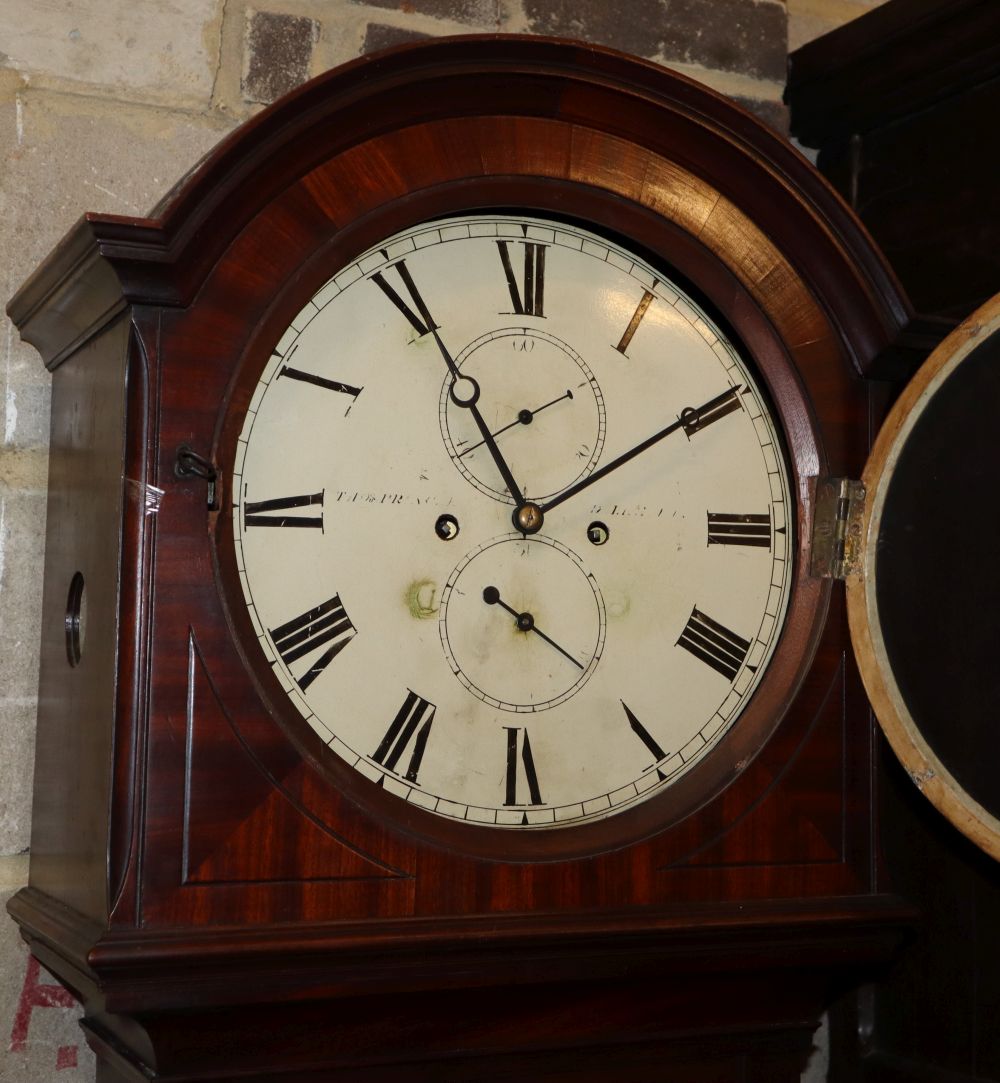 An early 19th century mahogany longcase clock, weights and pendulum present, H.203cm